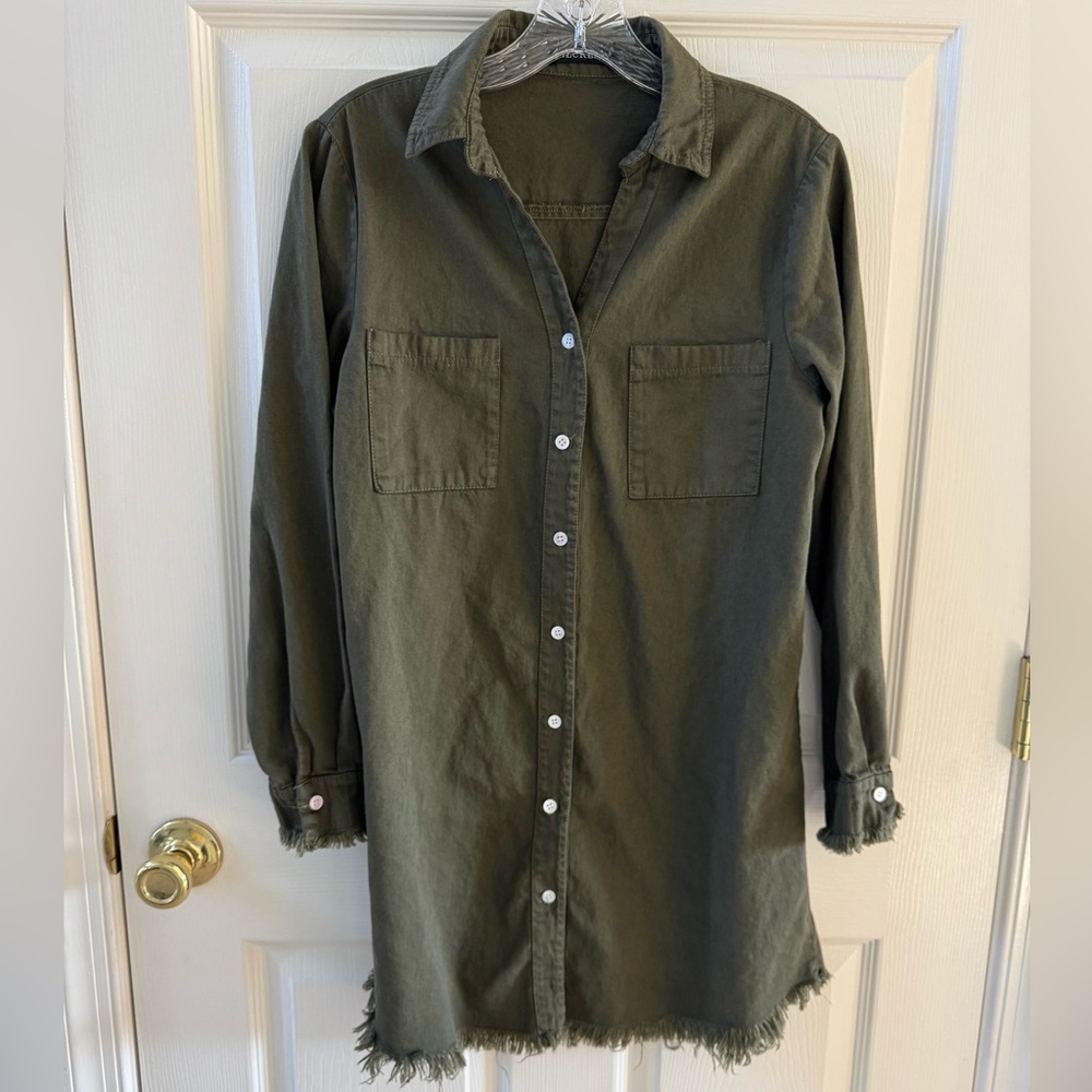 Green Button-Down Denim Shirt Dress - M